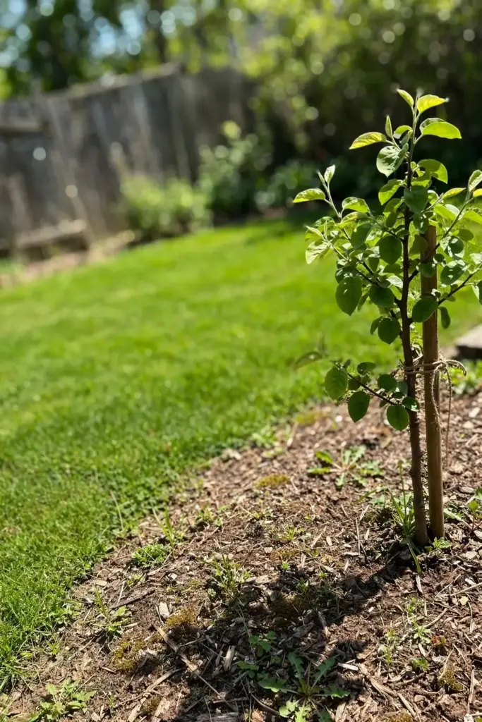 Young staked quince tree in a sunny open garden with wide spacing