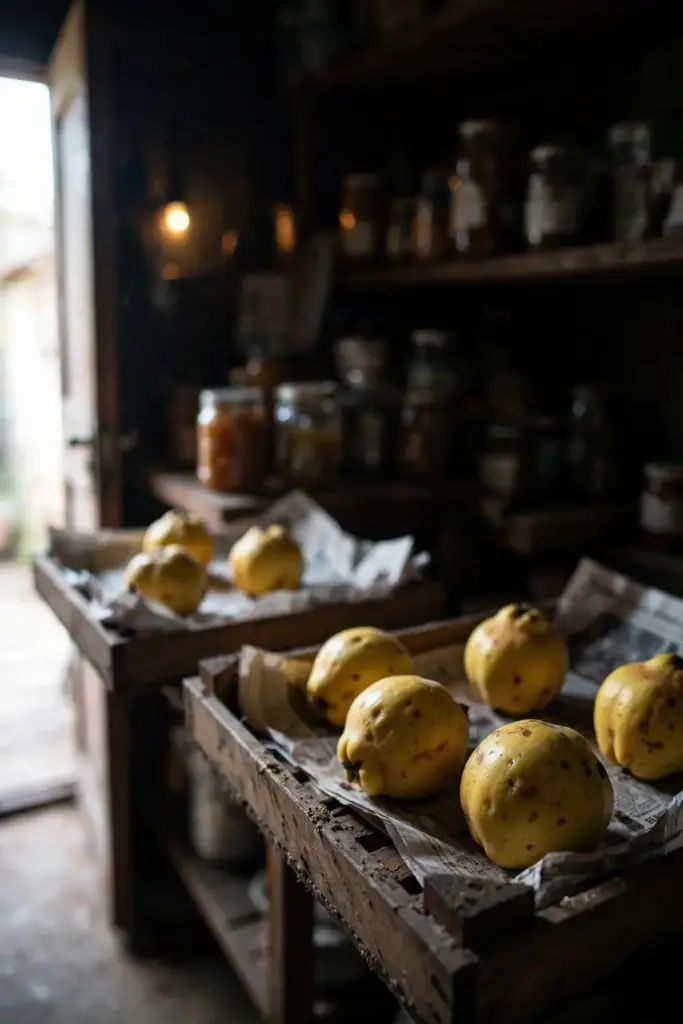 Quinces resting in shallow trays in a cool dark storage spot