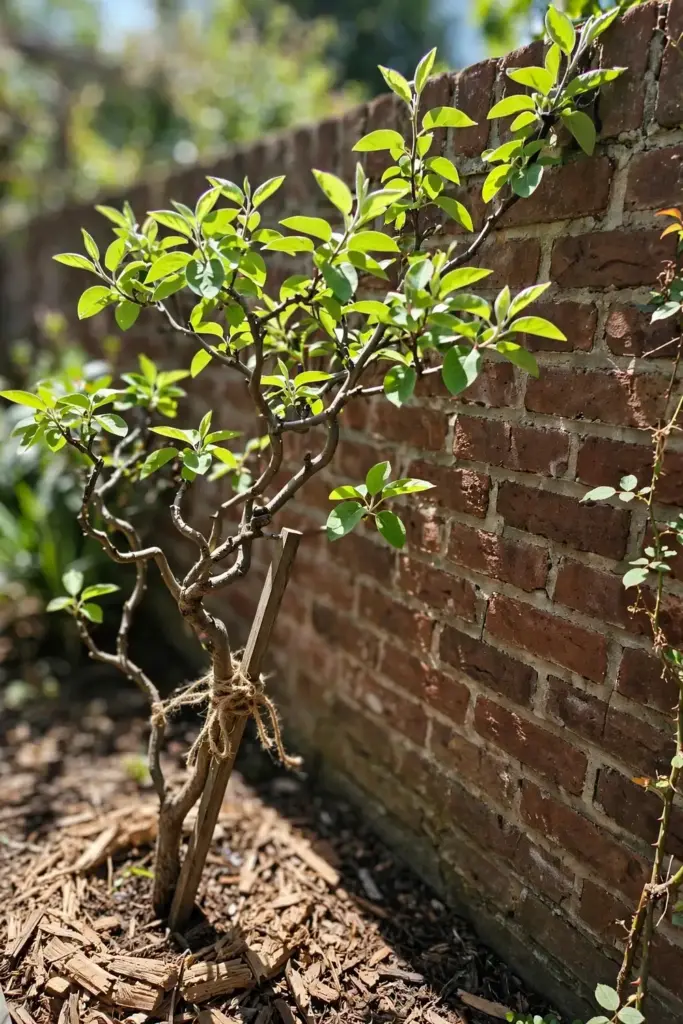 Young quince tree planted against a sunny south-facing garden wall