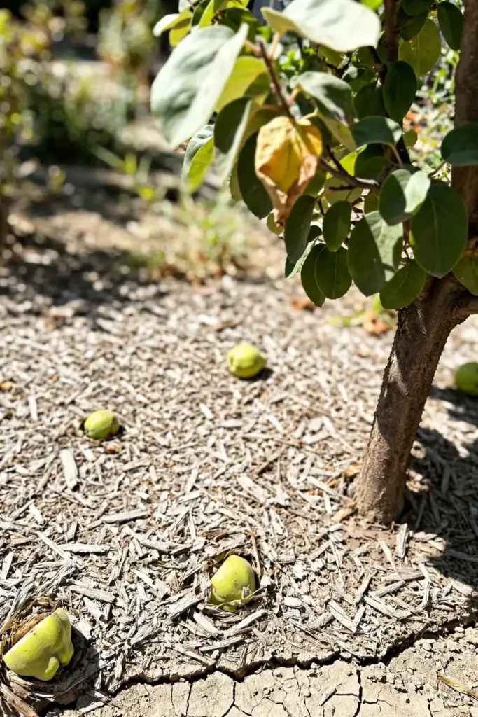 Quince tree with a few dropped fruits on the mulch below