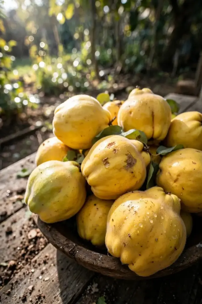 Wooden bowl of golden ripe quinces on a weathered outdoor table