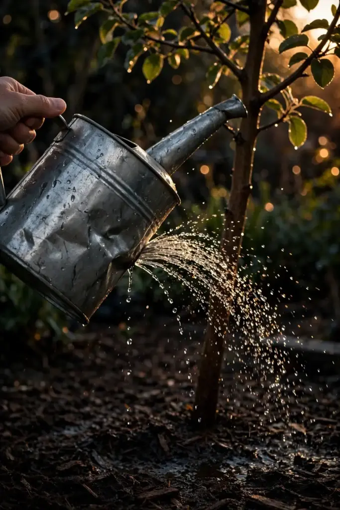 Hand tipping a watering can over a quince tree root zone at dusk