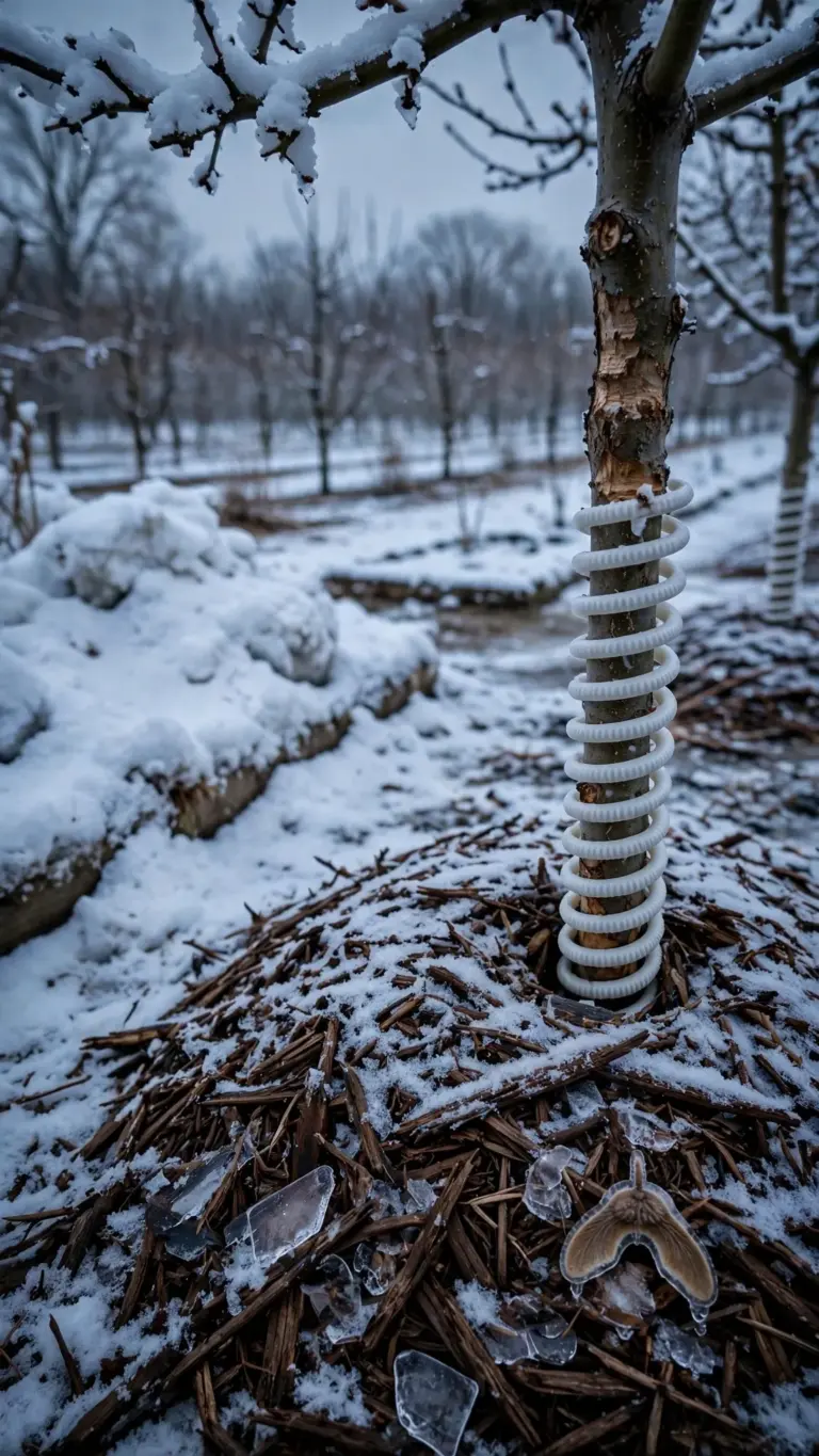 Young fruit tree with spiral guard and deep mulch under first snow