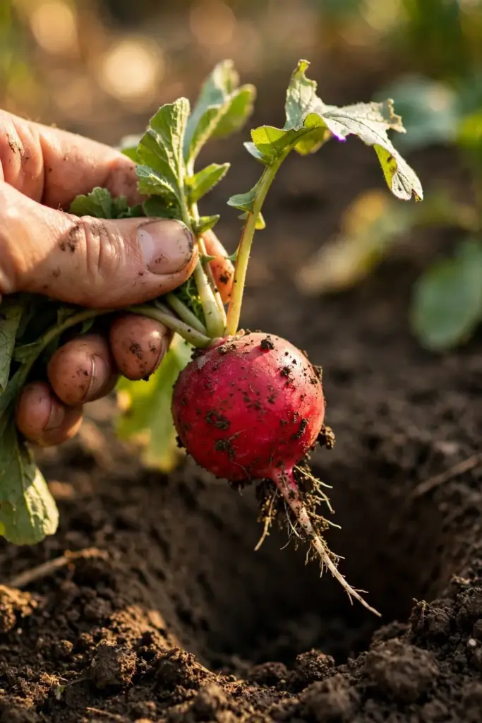 A hand pulling a red radish from dark soil, green tops in fist