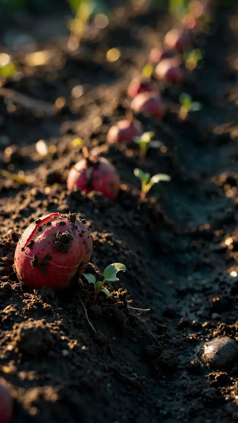 Radish row with small red shoulders showing at the soil line