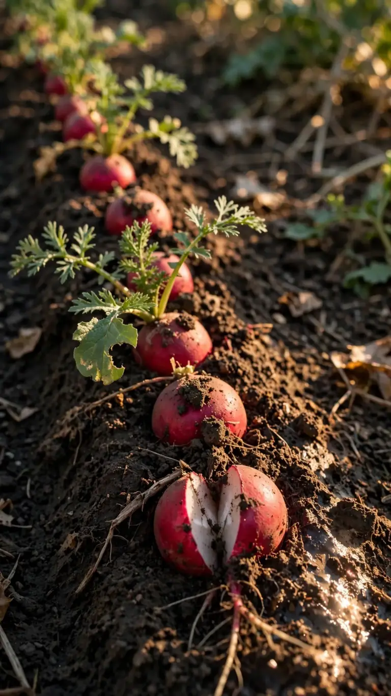 Radish row with small red shoulders showing at the soil line