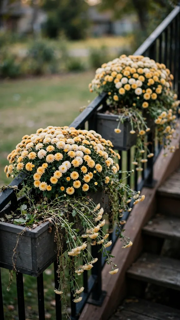 Railing boxes filled with trailing mums along a porch rail
