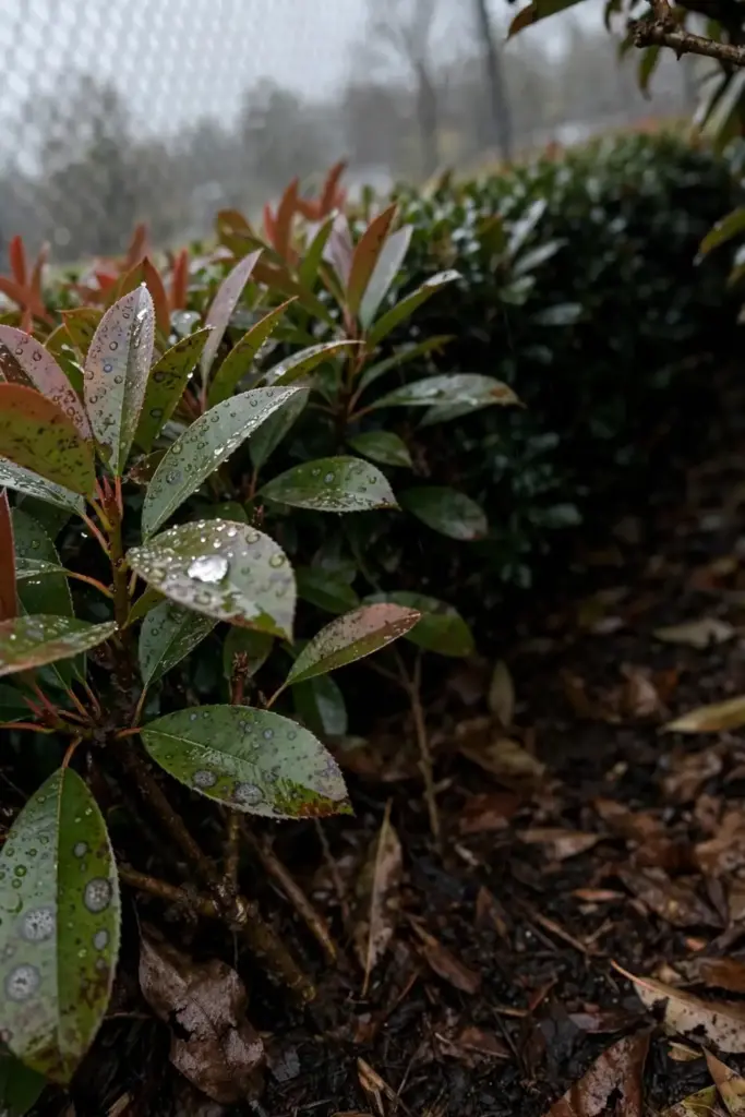Rain-soaked photinia hedge with water droplets on spotted leaves