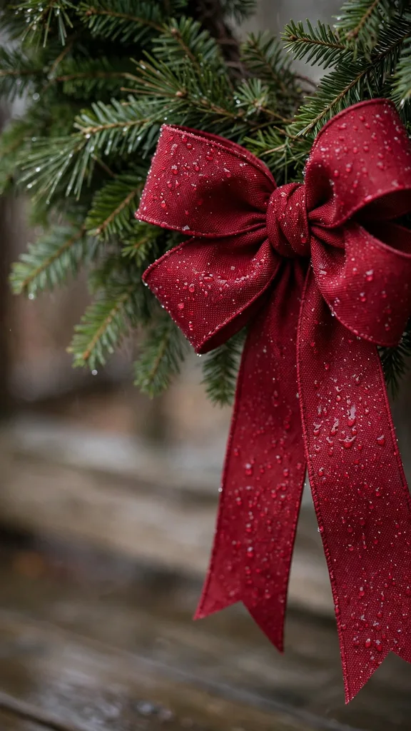 A deep red weatherproof ribbon bow with rain drops wired to the bottom of a wreath