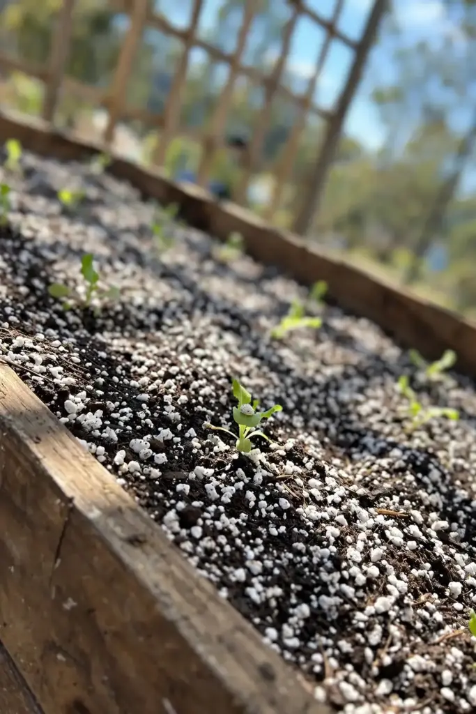 Raised bed with loose perlite-amended mix and freely draining soil.
