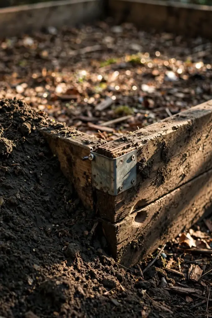 Raised bed wooden corner with a metal bracket, soil pulled back