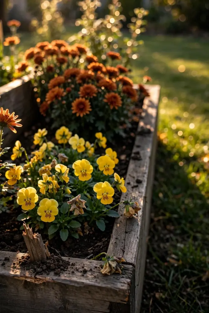 Raised bed: mums behind, pansies in front, timber frame