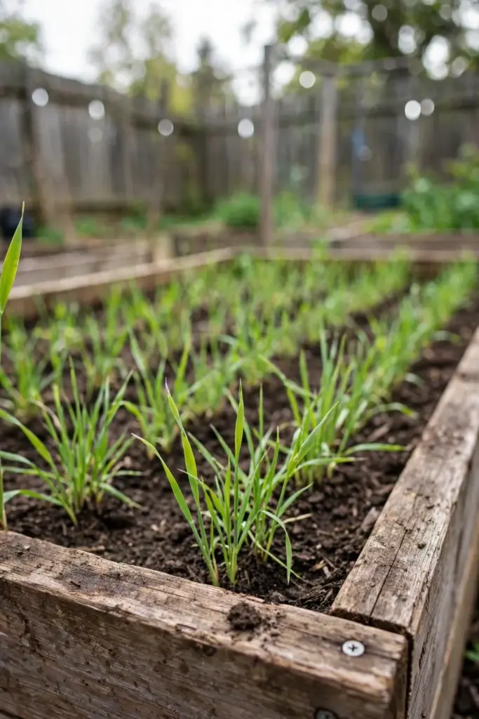 Raised timber bed with young oat cover crop filling the frame