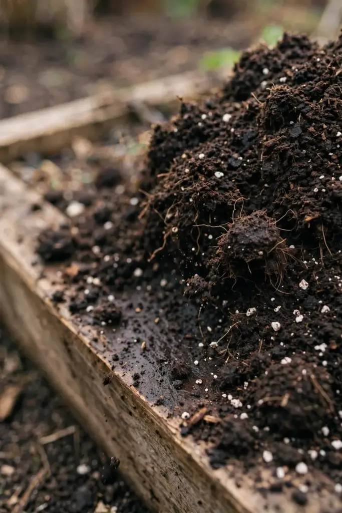 Loose pile of dark raised-bed mix above a timber bed, crumbling