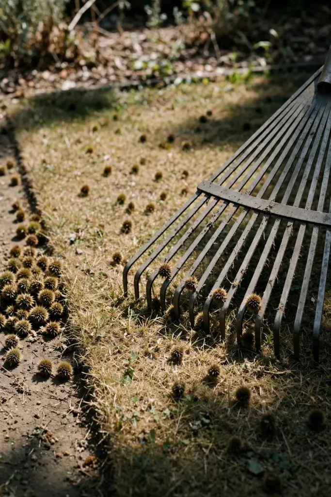 Rake resting on a lawn scattered with hard bindii burrs