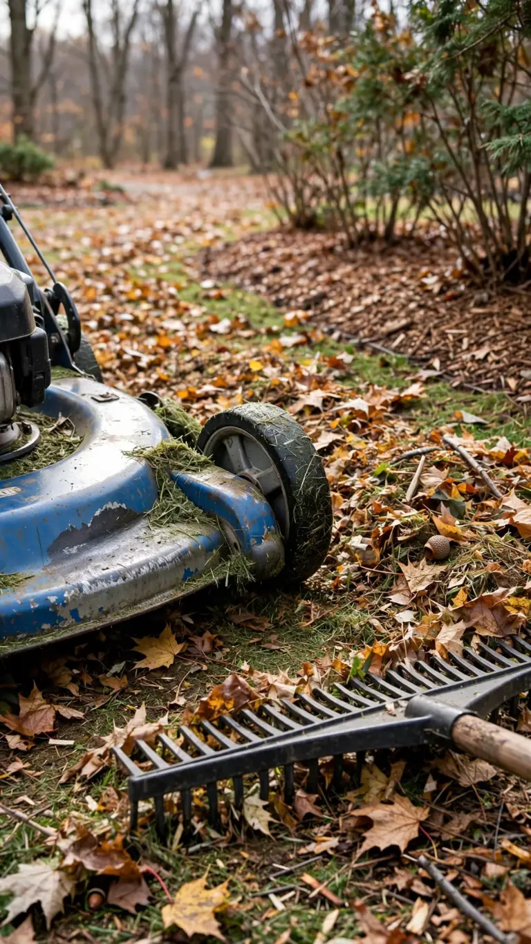 Mower shredding fallen leaves on the lawn before the shreds go into beds