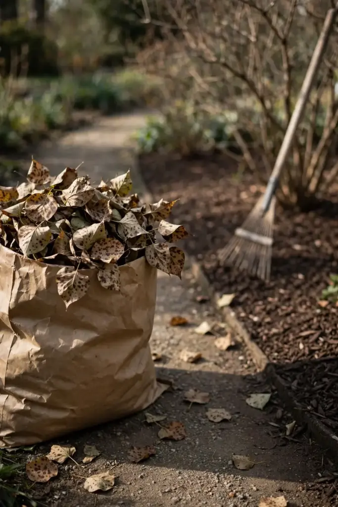 Bag of spotted fallen lilac leaves beside a clean mulched bed after cleanup.