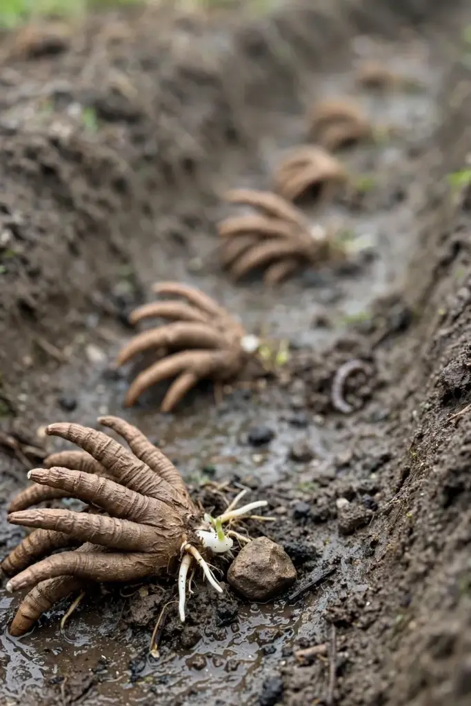 Claw-shaped ranunculus corms nestled in a planting trench