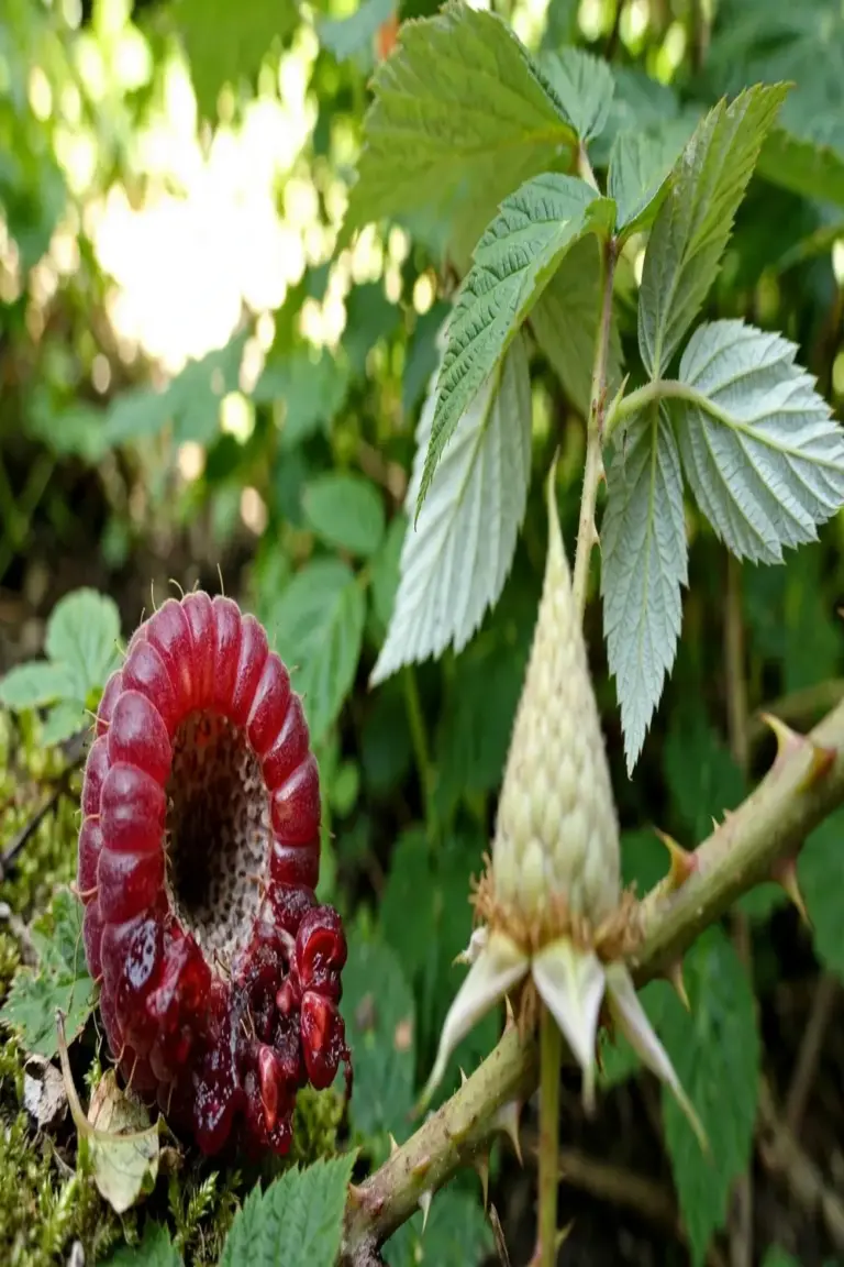 Picked raspberry showing its hollow cap beside the pale receptacle left on the cane