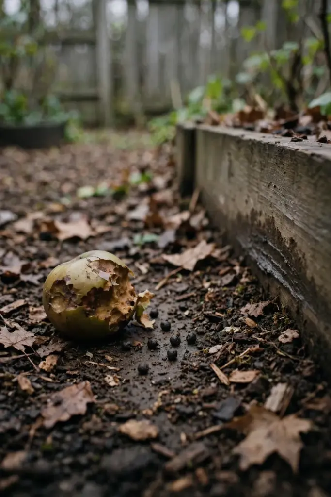 Gnawed fallen fruit with rodent droppings beside a garden bed