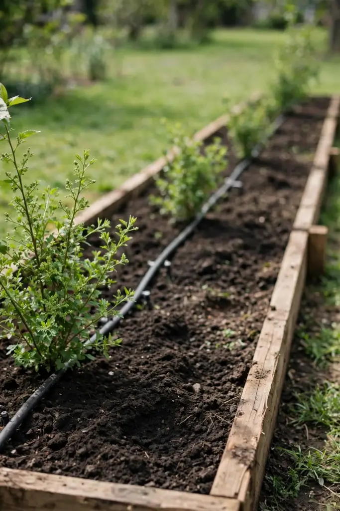Rebuilt garden bed with fresh media, spaced plants, and a drip line