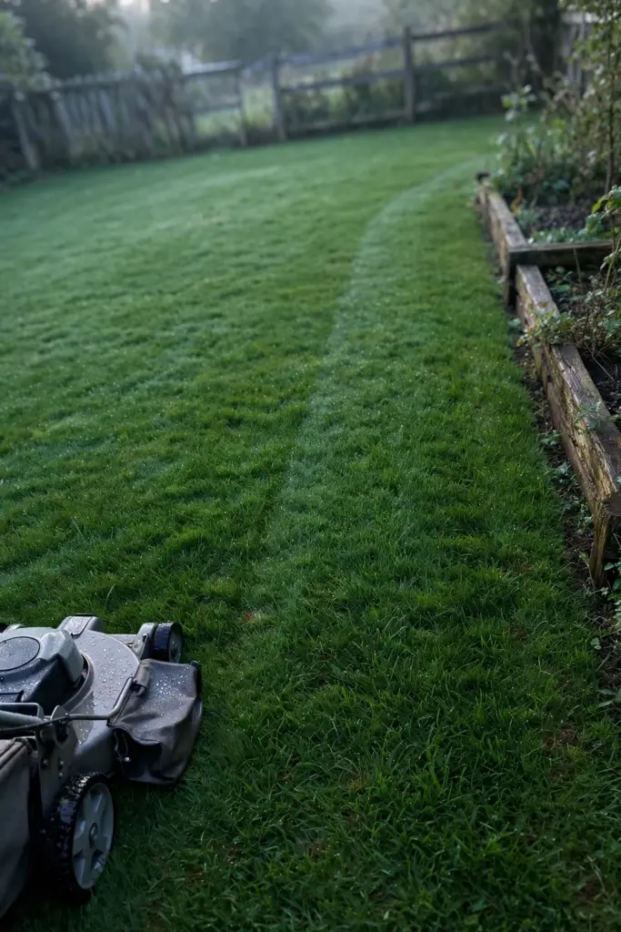 Recovered green Buffalo lawn in morning light with a mower at the edge