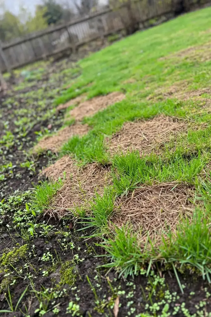 Recovering lawn with fresh green blades closing straw-colored dollar spot patches.