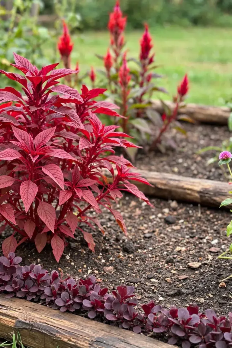 Garden bed of red amaranth, burgundy alternanthera and red celosia