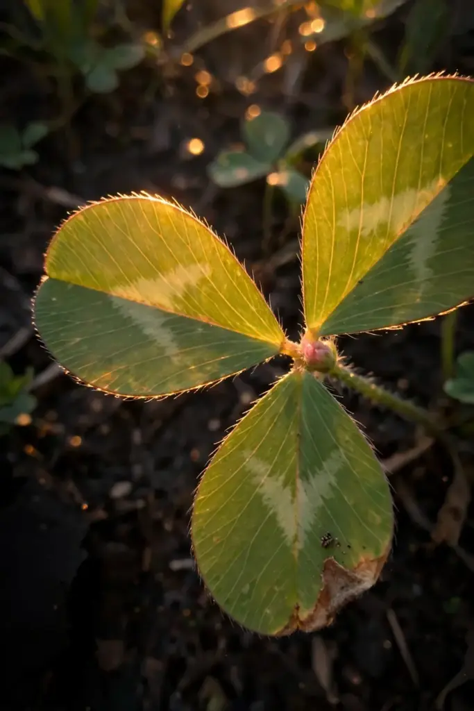 Red clover trifoliate leaf with pale chevron marks, backlit macro