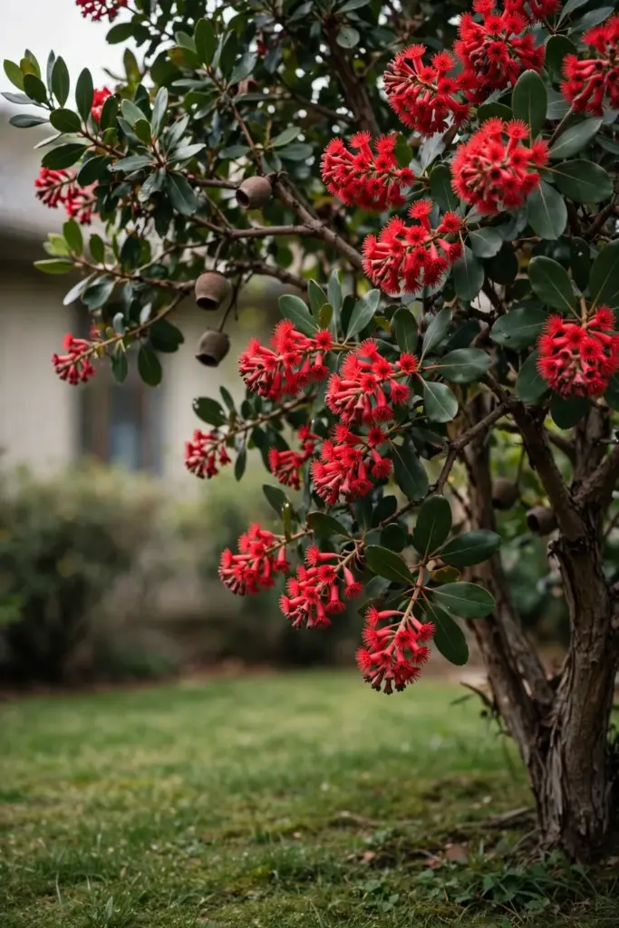Red flowering gum with large terminal clusters of red flowers and dark green leaves