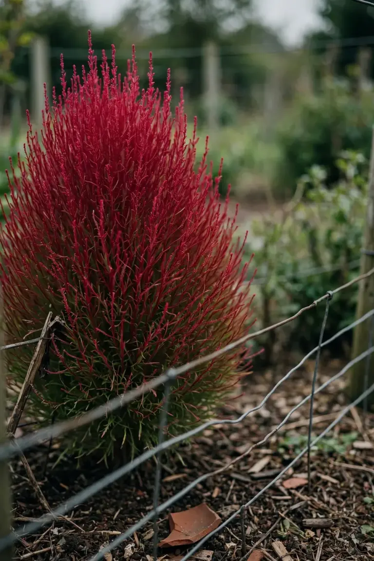 Red kochia mound behind a wire garden fence under flat light