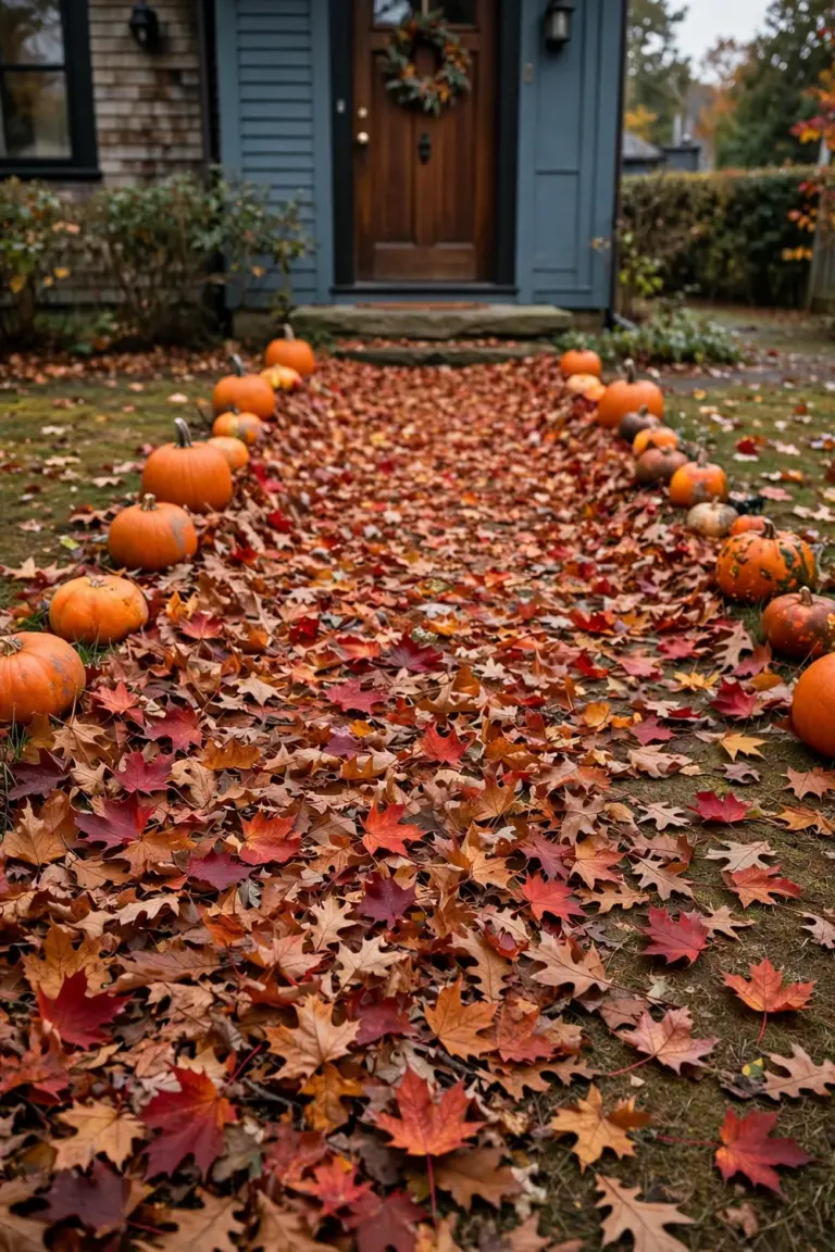 Thick lane of red and gold maple and oak leaves raked into a carpet leading to a front door