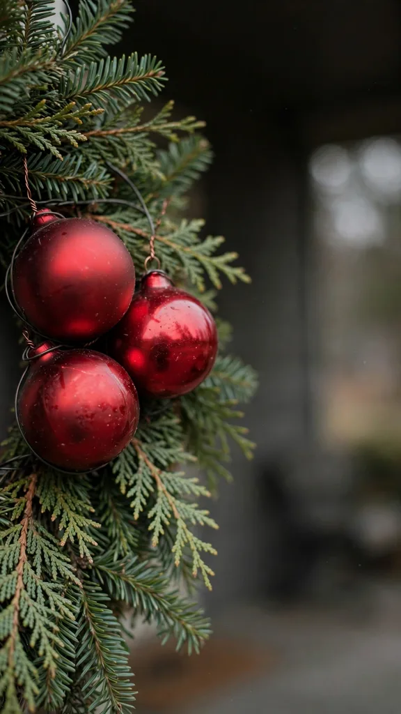 Red ornaments grouped in a small cluster wired to an evergreen wreath