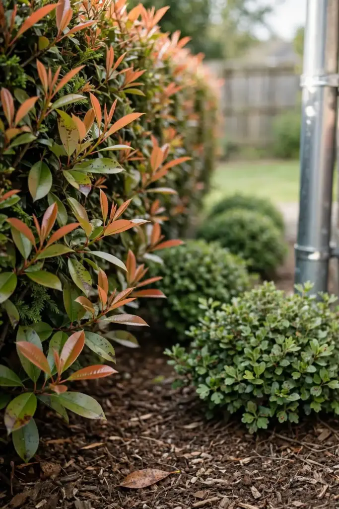 Red-tip photinia hedge beside Indian hawthorn shrubs in a home landscape