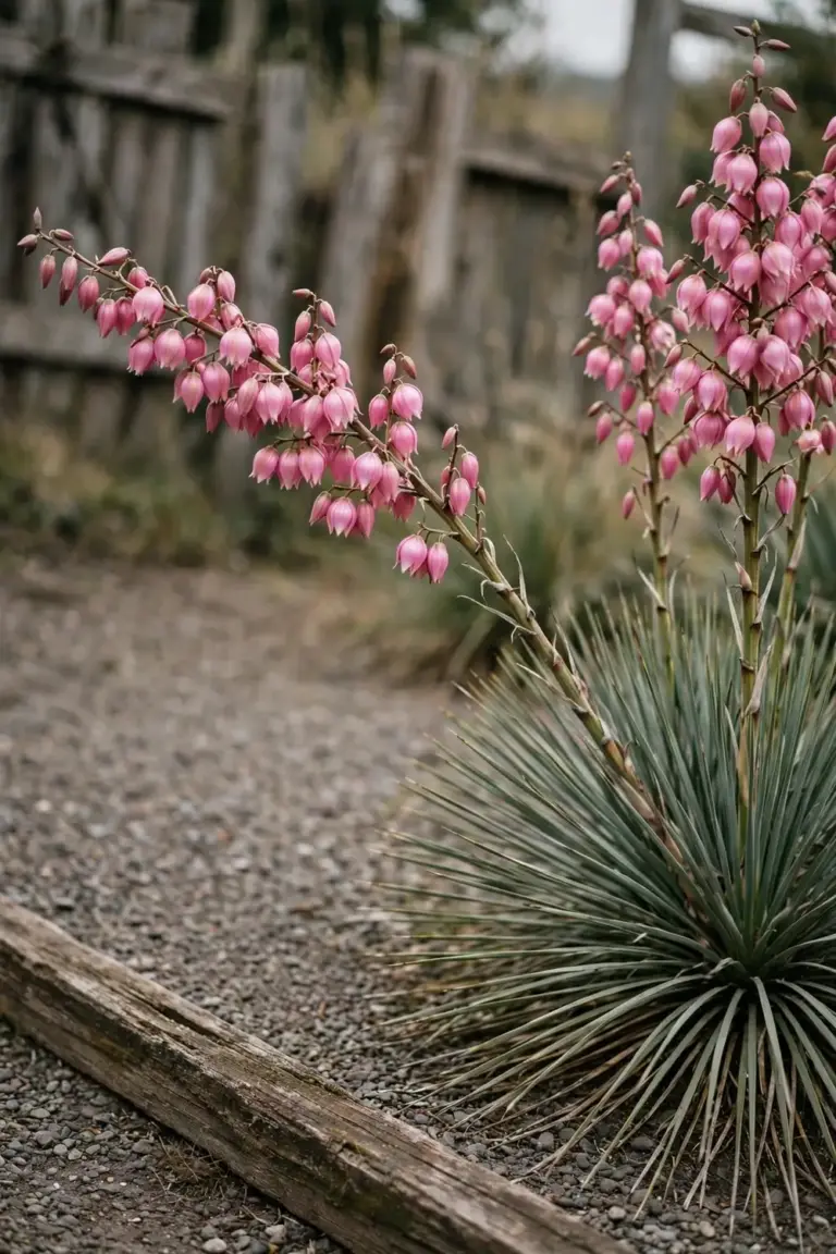 Red yucca with narrow grass-like straps and pink bell flowers on tall stalks