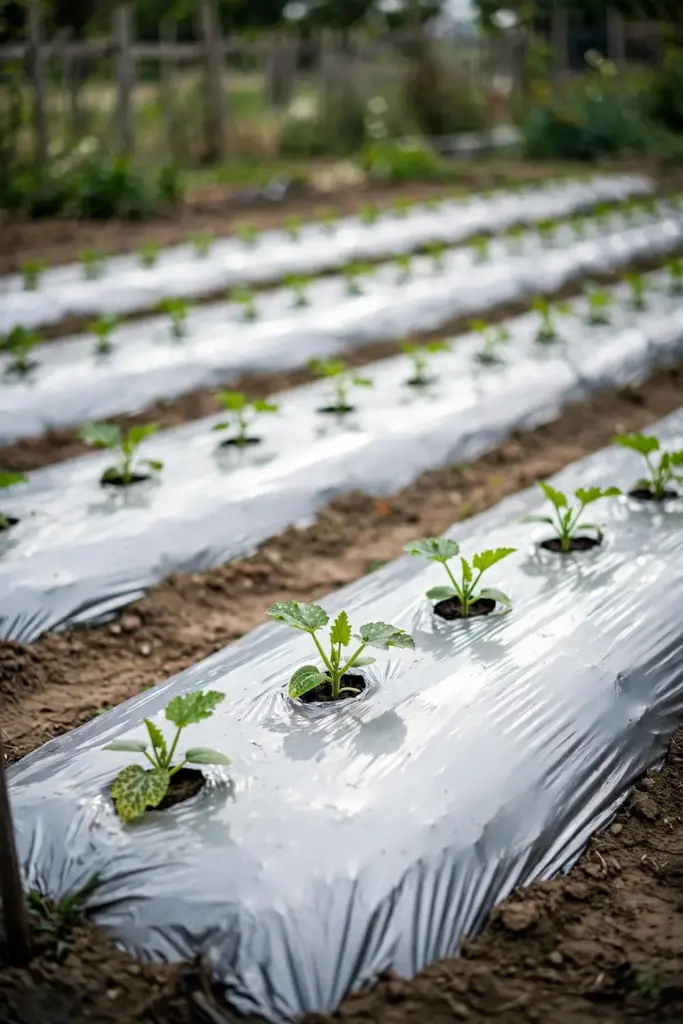 Cucurbit rows growing through silver reflective plastic mulch.