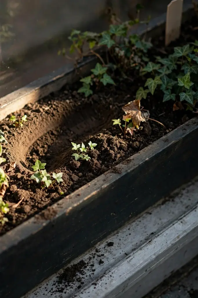 Fresh ivy starts tucked at the front edge of an established box