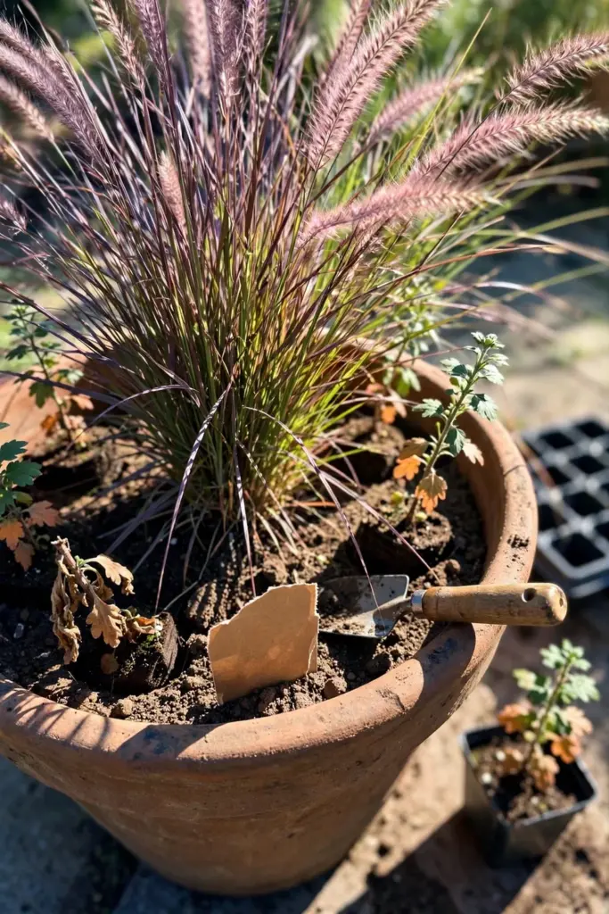 Summer pot refreshed with fall mums plugged around kept fountain grass