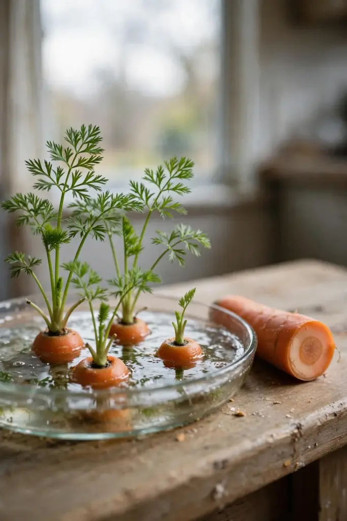 Carrot tops in a shallow dish growing feathery green leaves beside a cut carrot