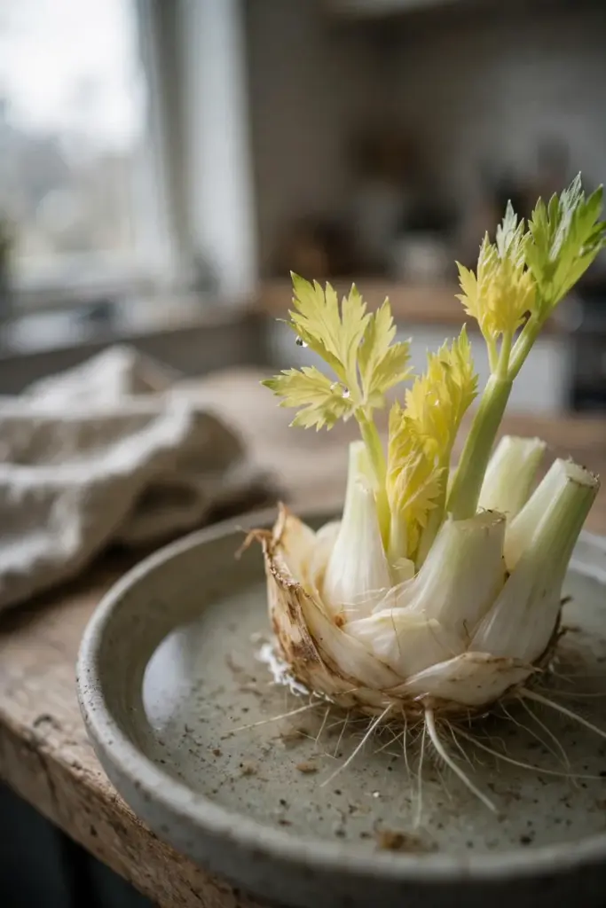 Celery base in a shallow dish with new pale leaves growing from the center
