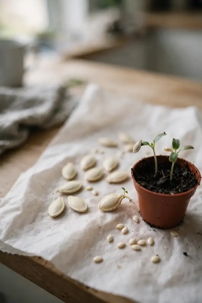 Chilli and pumpkin seeds drying on paper towel beside small seedlings in soil