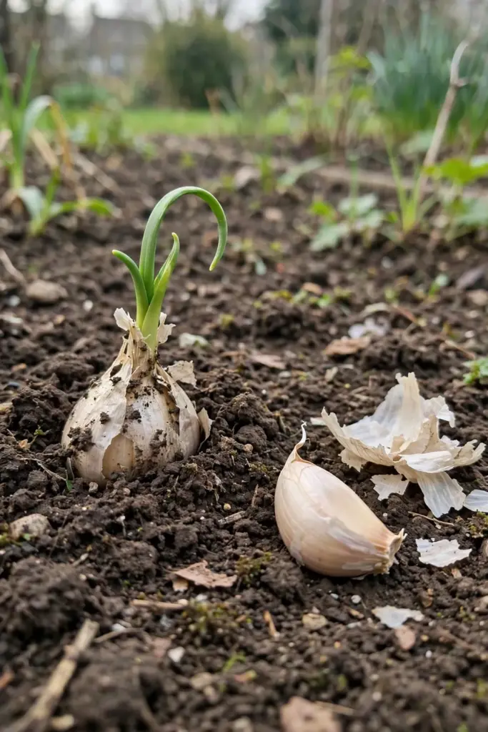 Single garlic clove in soil with a green shoot pushing up