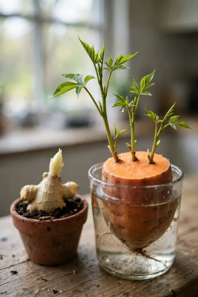 Sweet potato half in water with leafy slips beside a ginger piece with buds on soil