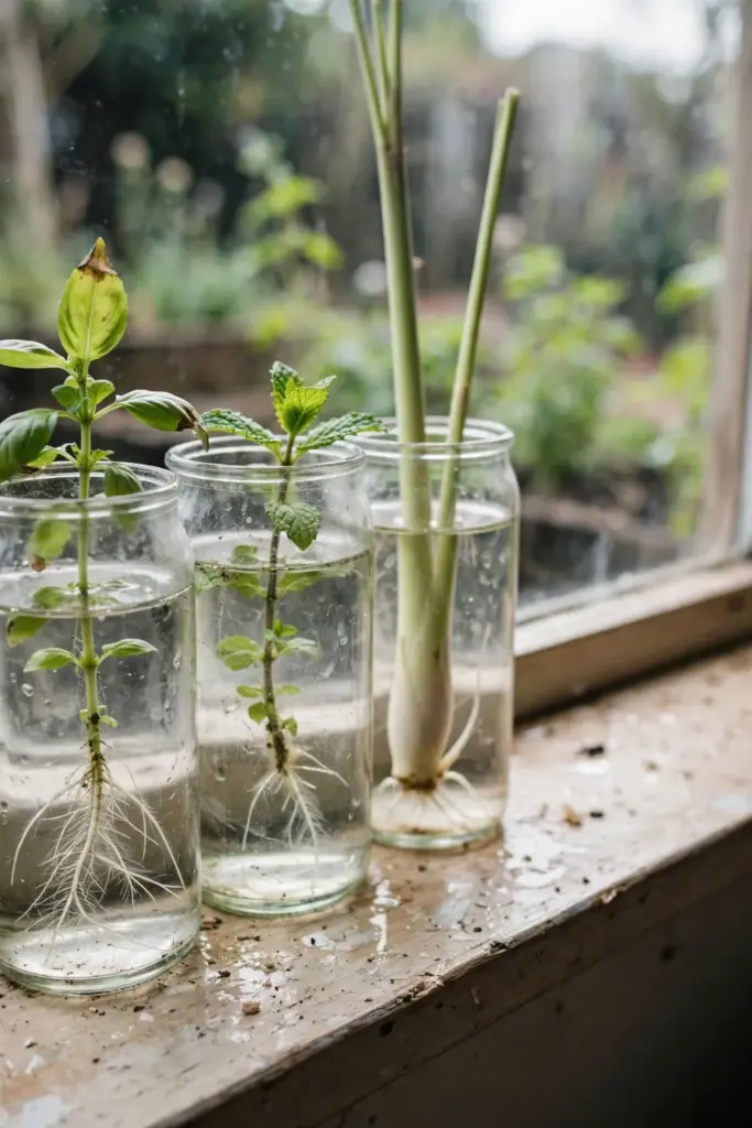 Basil, mint, and lemongrass cuttings rooting in glasses of water on a windowsill