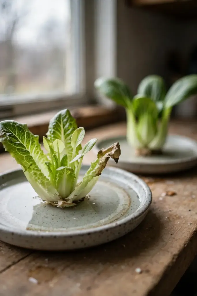 Lettuce base in a shallow dish of water with new leaves pushing from the center