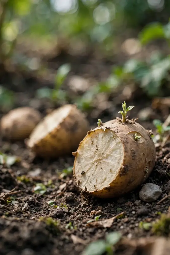 Potato pieces with eyes resting on dark soil, one cut surface showing a sprouting eye