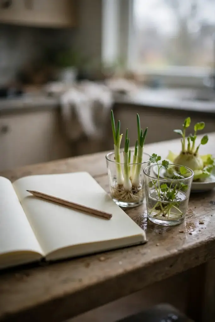 Open notebook with blank pages beside glasses of regrowing scraps on a bench