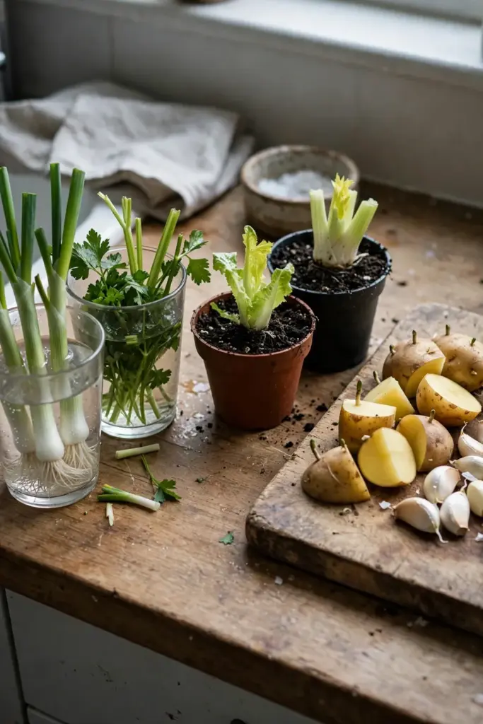 Three groups of vegetable scraps on a bench: glasses of water, pots of soil, and stem cuttings