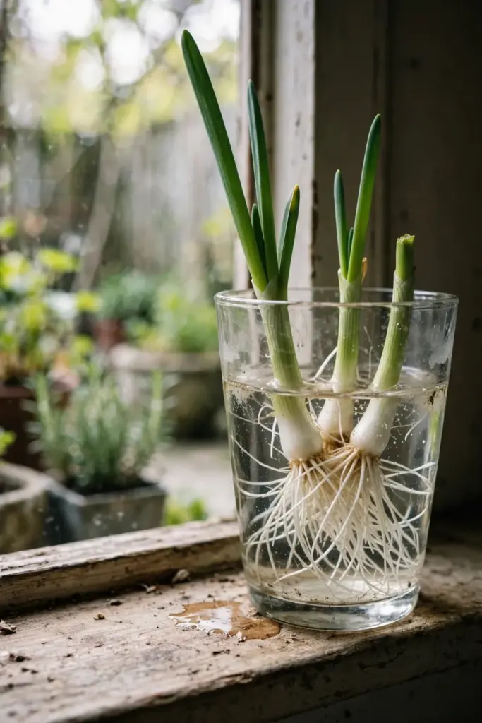 Spring onion root ends in a glass of water with fresh green shoots on a windowsill