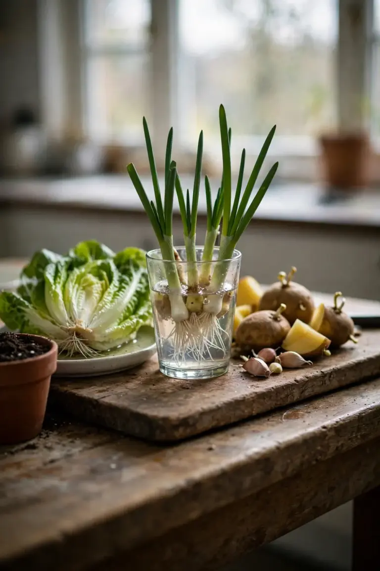 Kitchen bench with spring onion in a glass, a lettuce base, potato pieces, and garlic cloves
